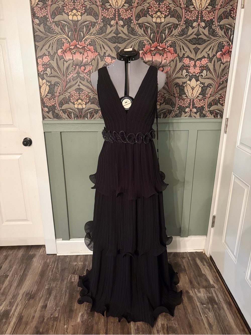 Black Pleated V-Neck Tiered Evening Gown